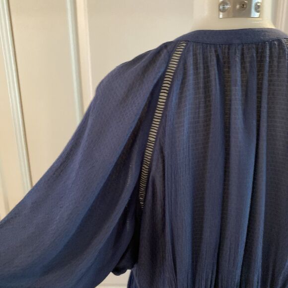 Free People Blue Go Lightly Swing Dress V Neck 3/4 Sleeve Boho-Size Small - Picture 10 of 16